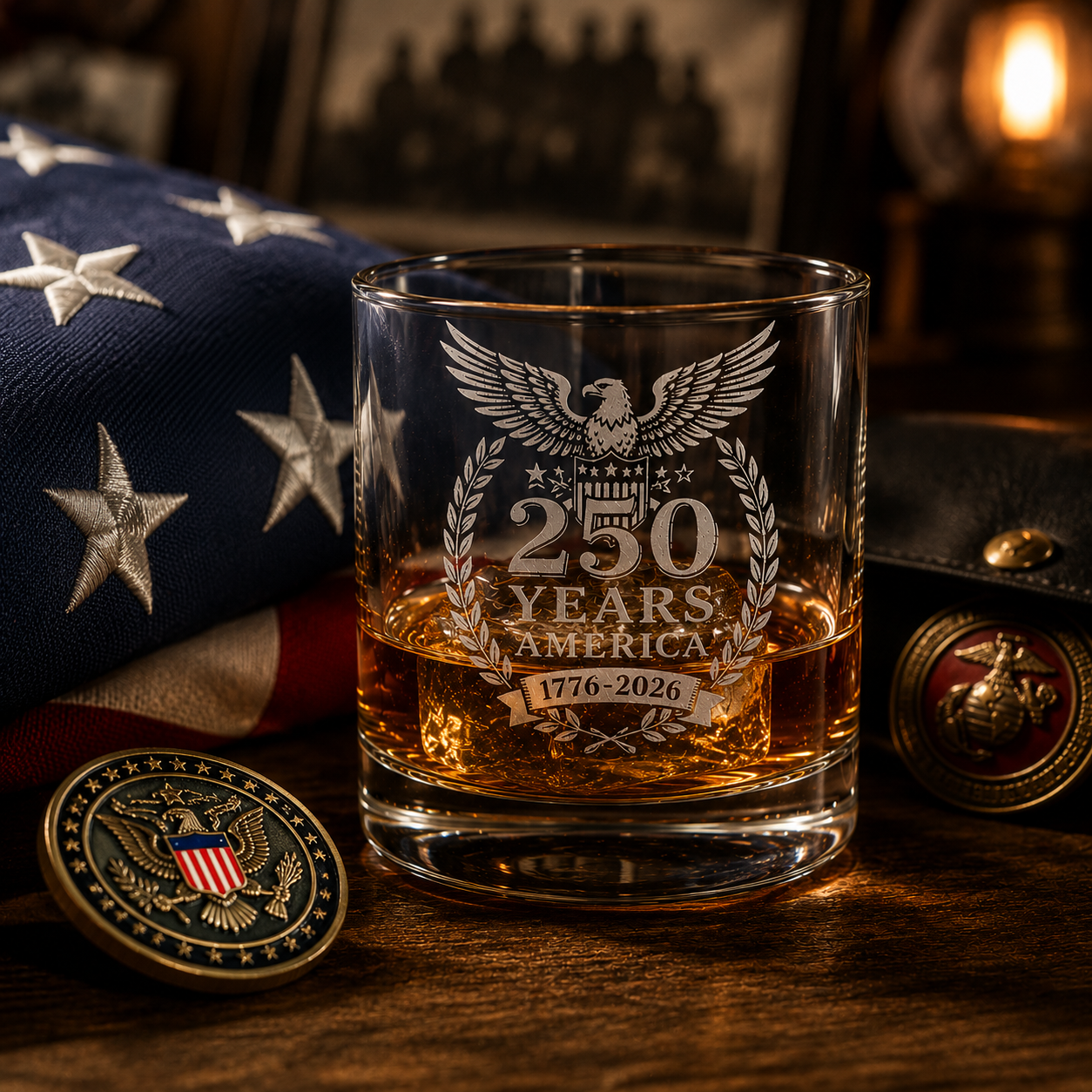 America 250 Years Whiskey Glass | 1776–2026 Patriotic Engraved Rocks Glass