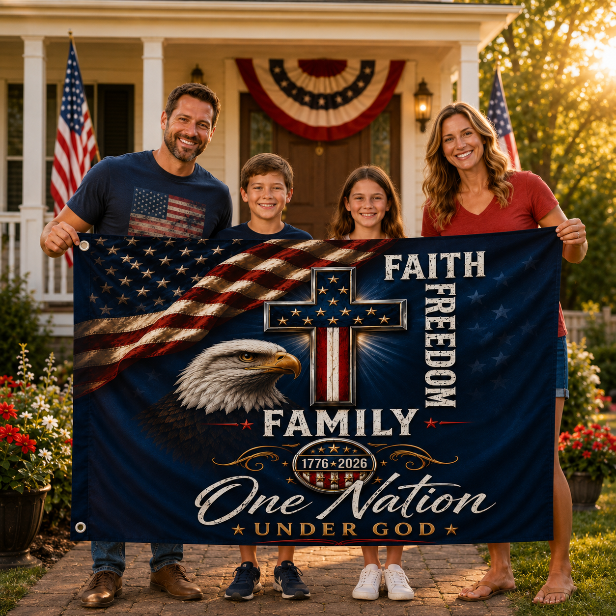 Patriotic Eagle & Cross Double-Sided Flag — "Faith, Freedom, Family, One Nation Under God"