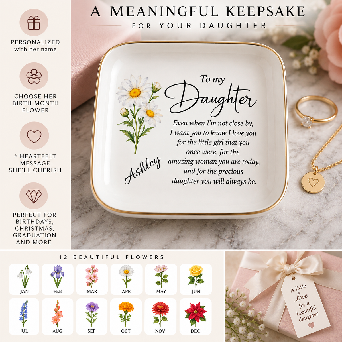 Personalized To My Daughter Birth Flower Jewelry Dish – The Amazing Woman You Are