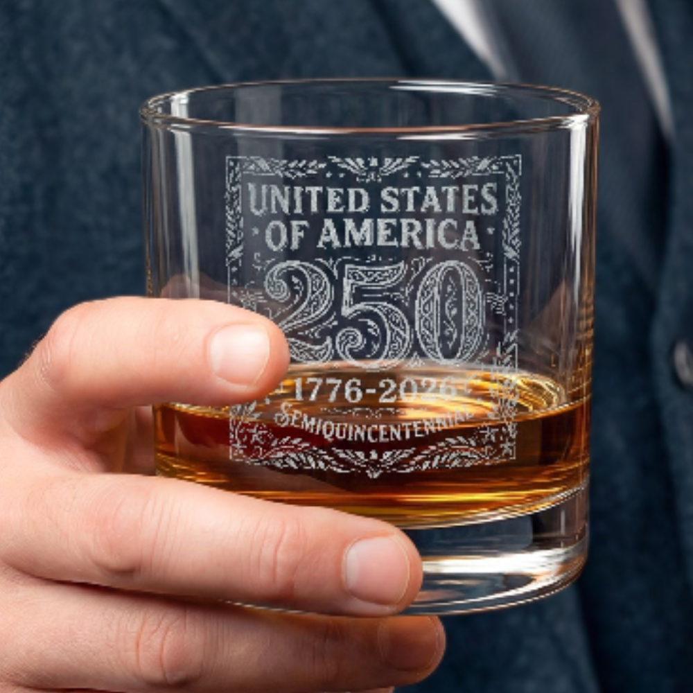 America 250 Whiskey Glass | 1776–2026 Engraved Commemorative Rocks Glass