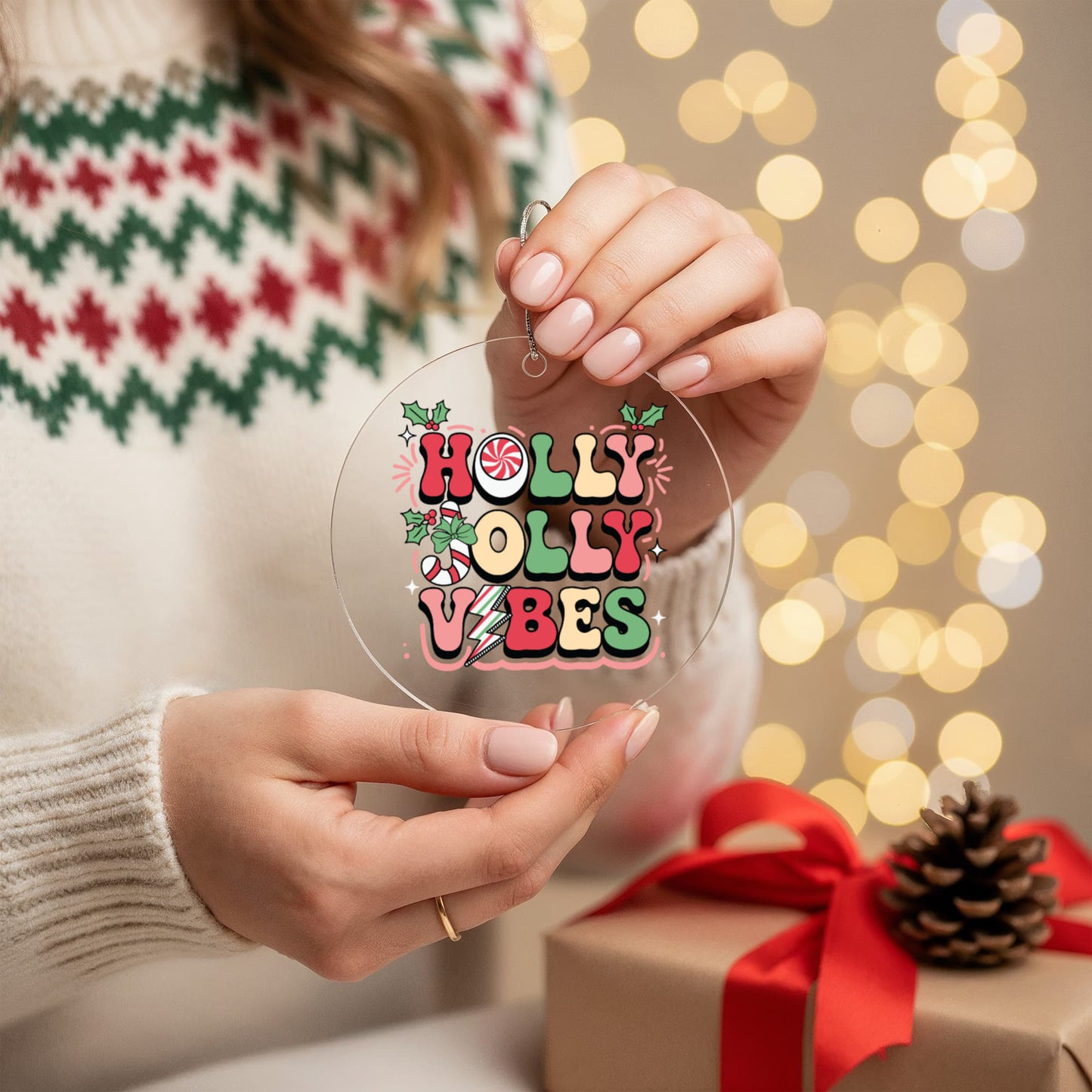 Holly Jolly Retro Vibes Acrylic Christmas Tree Ornament Decoration