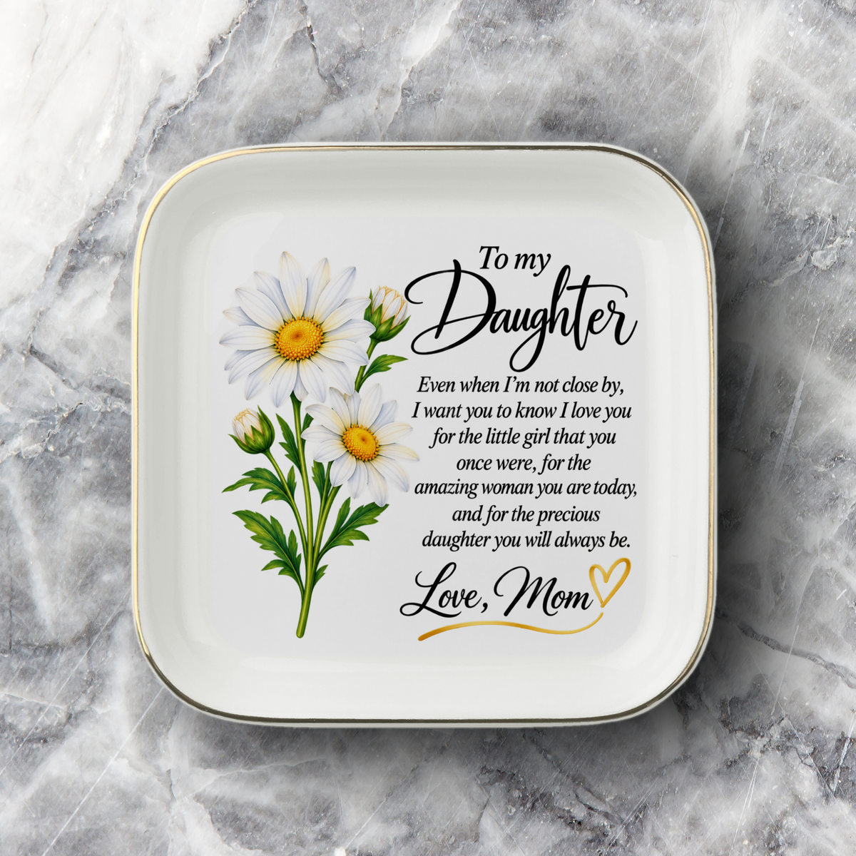 To My Daughter “Love, Mom” Gold-Trimmed Ceramic Jewelry Dish