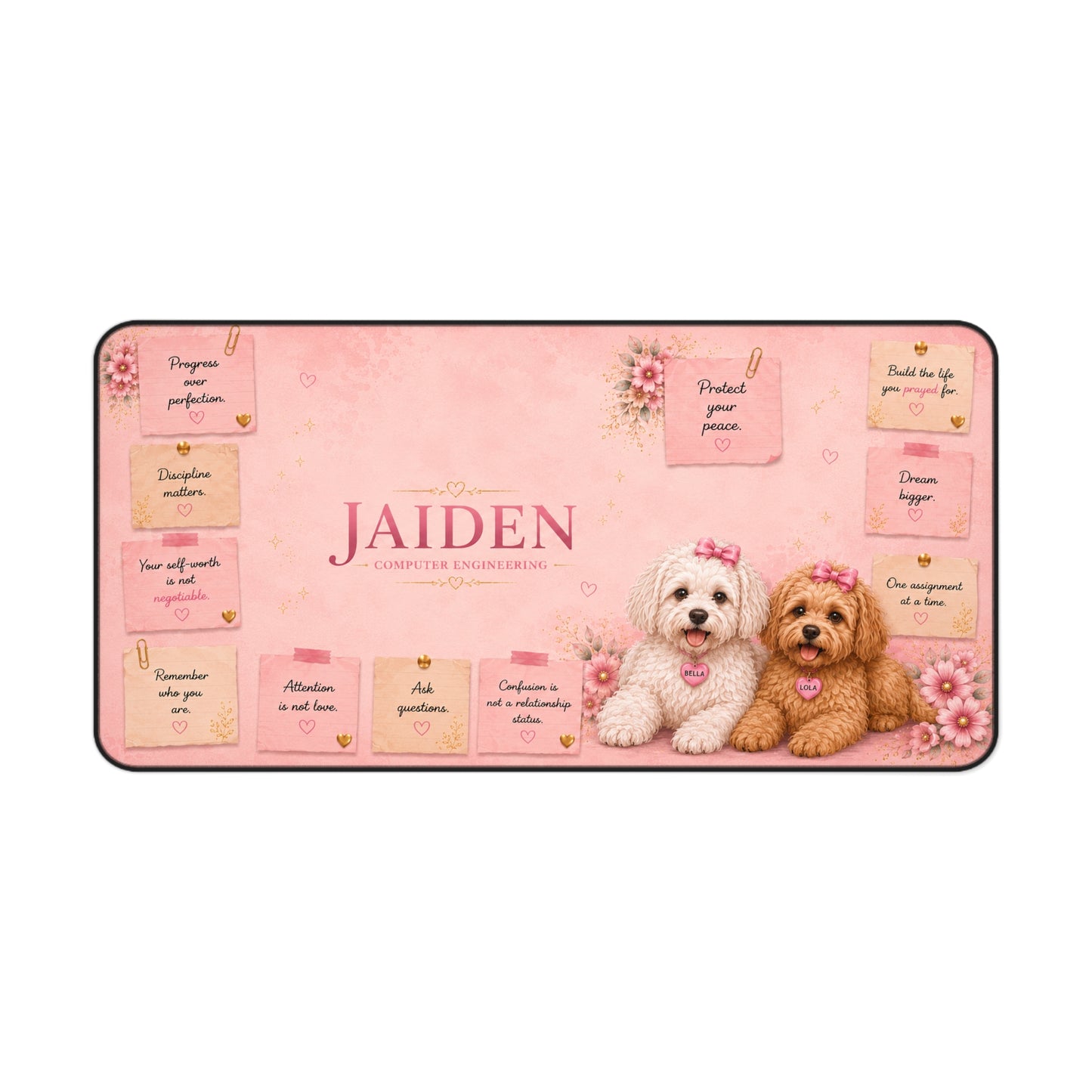 Personalized Pink Dog Desk Mat — Custom Name Desktop Mouse Pad with Cute Puppy Design