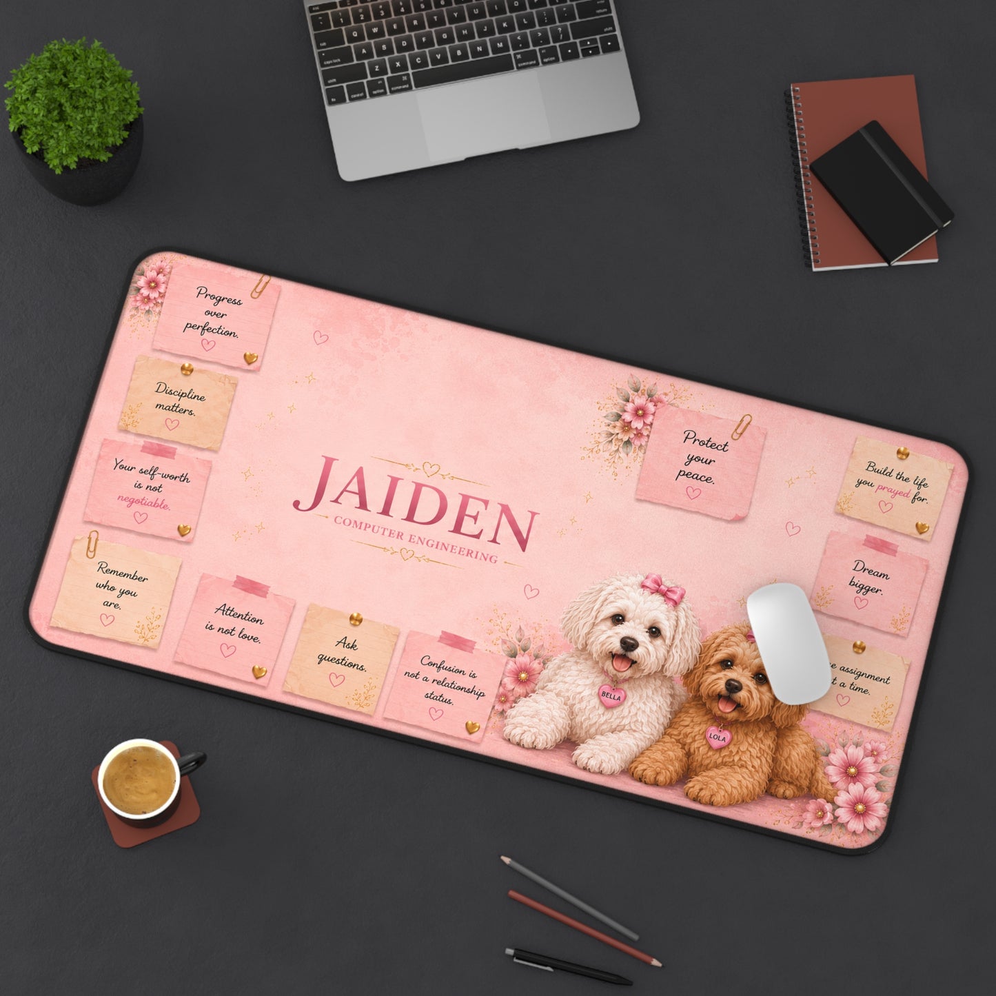 Personalized Pink Dog Desk Mat — Custom Name Desktop Mouse Pad with Cute Puppy Design