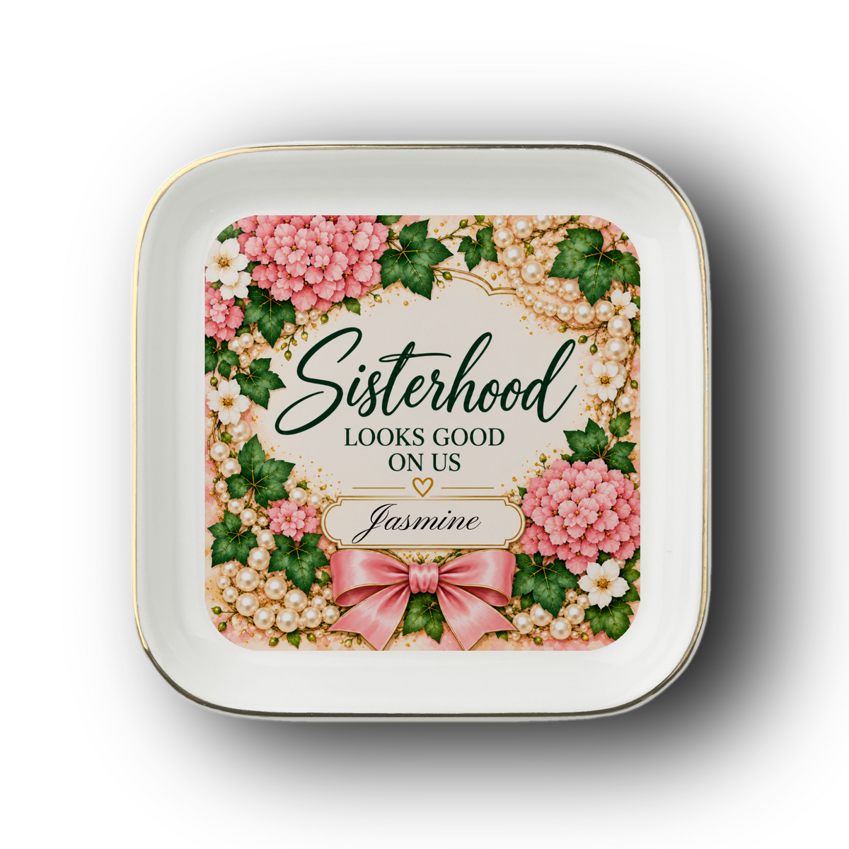 Personalized Sisterhood Jewelry Dish, Pretty Polished Bougie Gift, Pink and Green Jewelry Tray, Personalized Best Friend Gift