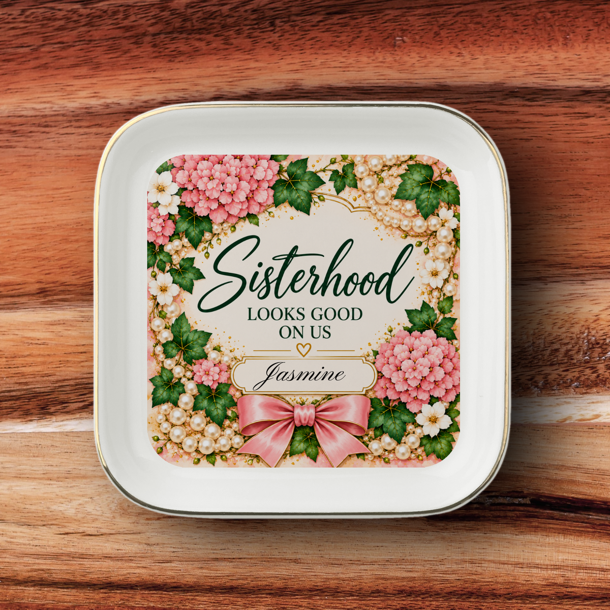 Personalized Sisterhood Jewelry Dish, Pretty Polished Bougie Gift, Pink and Green Jewelry Tray, Personalized Best Friend Gift