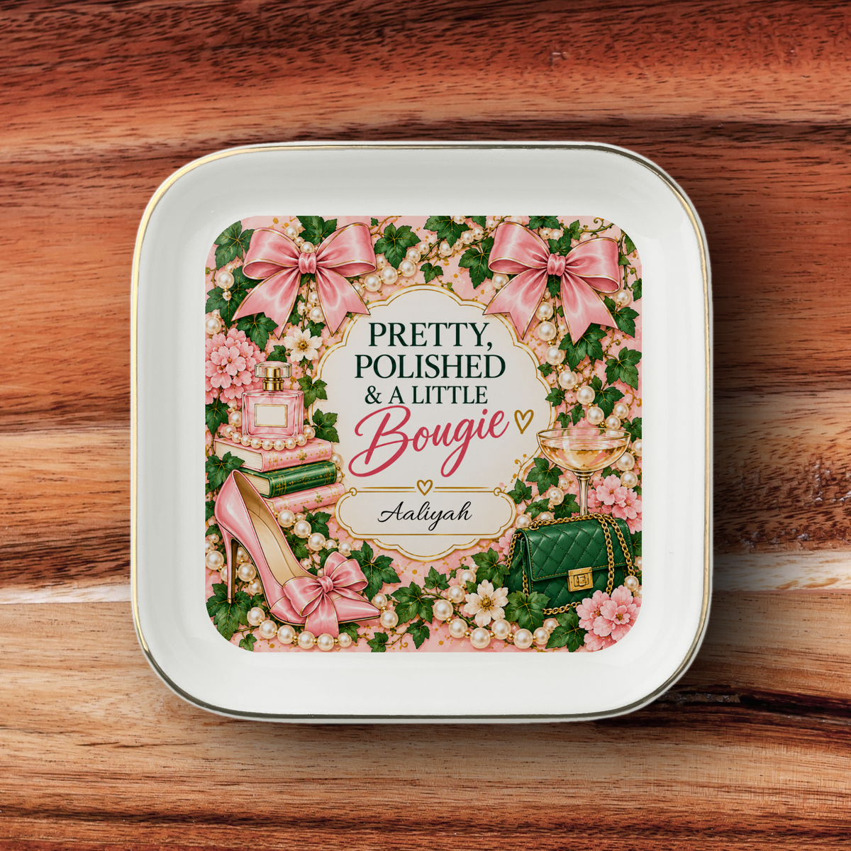 Personalized Jewelry Dish, Pretty Polished & Bougie Gift for Her, Custom Name Trinket Tray, Pink Green Jewelry Holder