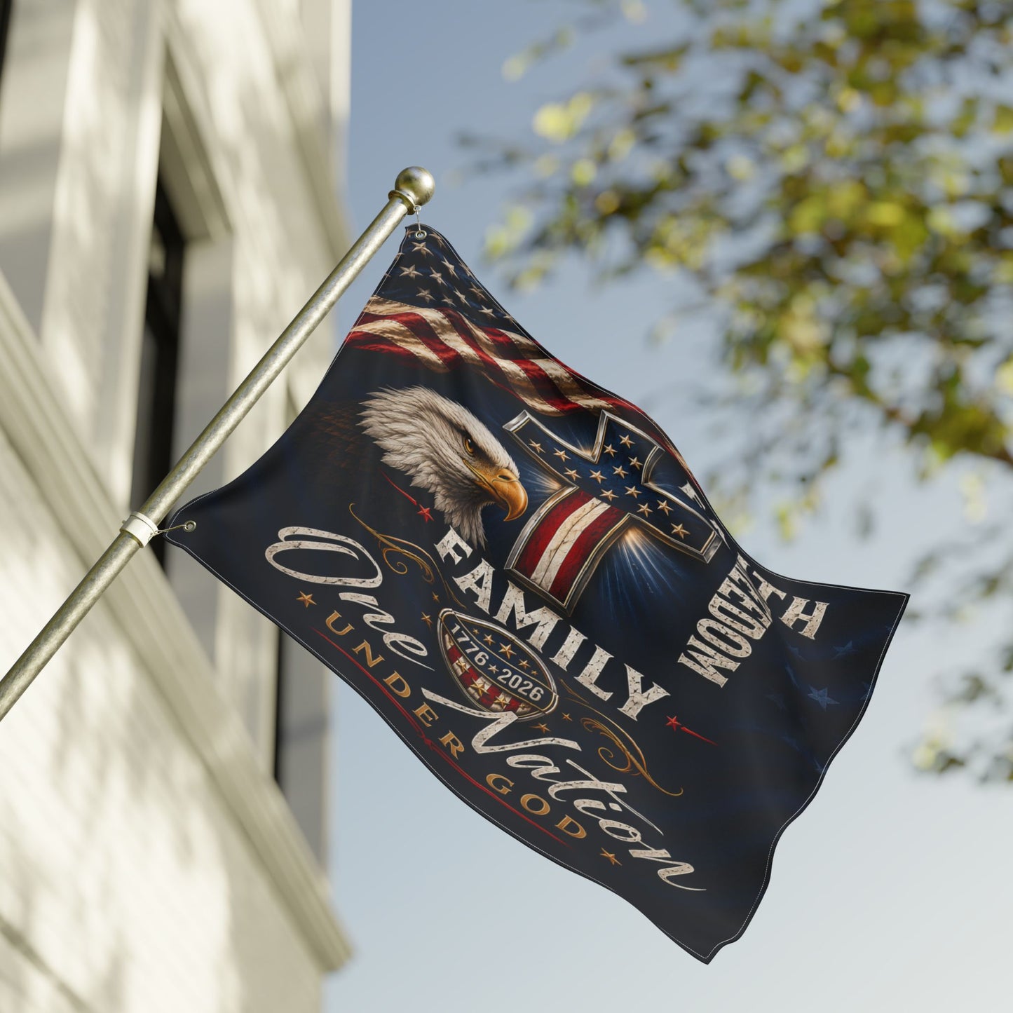 Patriotic Eagle & Cross Double-Sided Flag — "Faith, Freedom, Family, One Nation Under God"