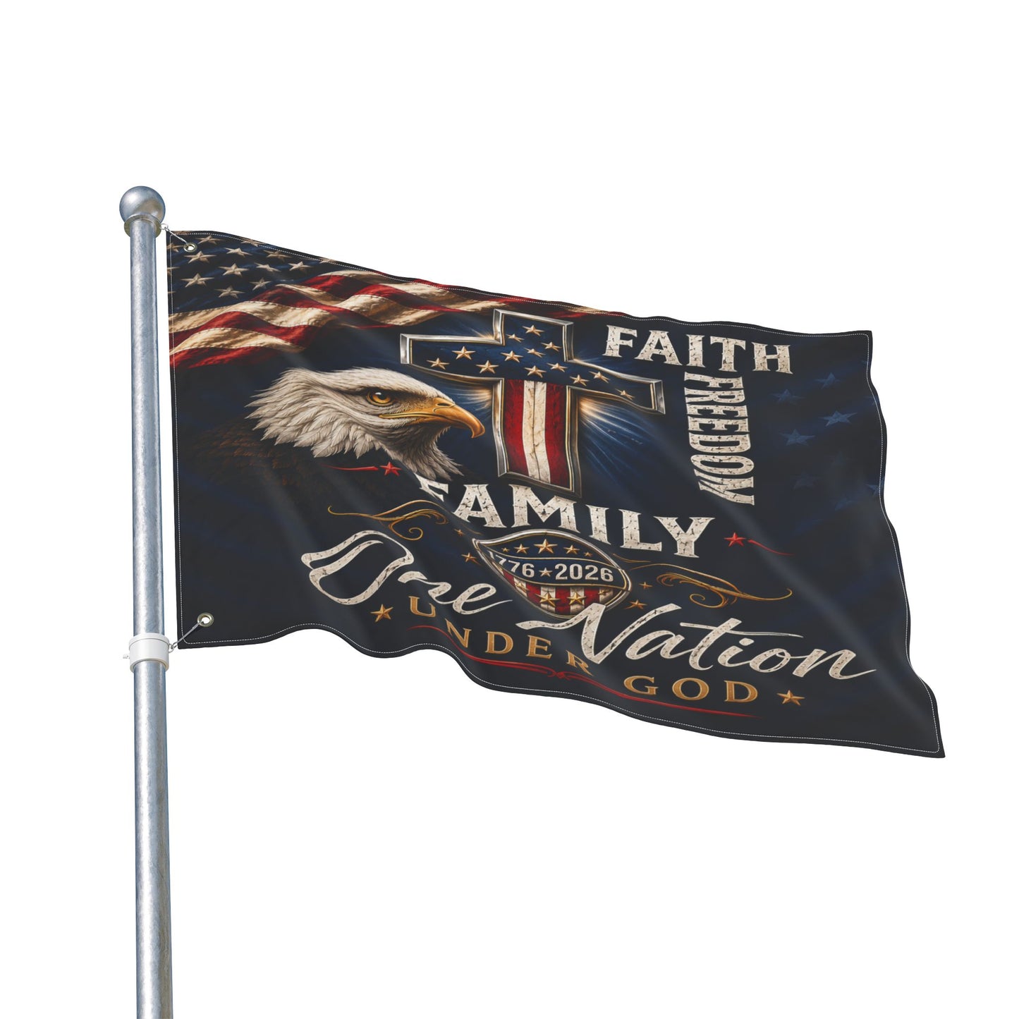 Patriotic Eagle & Cross Double-Sided Flag — "Faith, Freedom, Family, One Nation Under God"