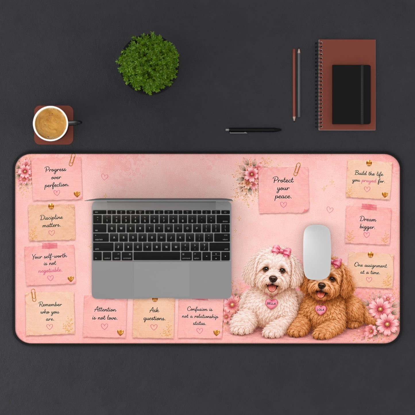 Personalized Pink Dog Desk Mat — Custom Name Desktop Mouse Pad with Cute Puppy Design