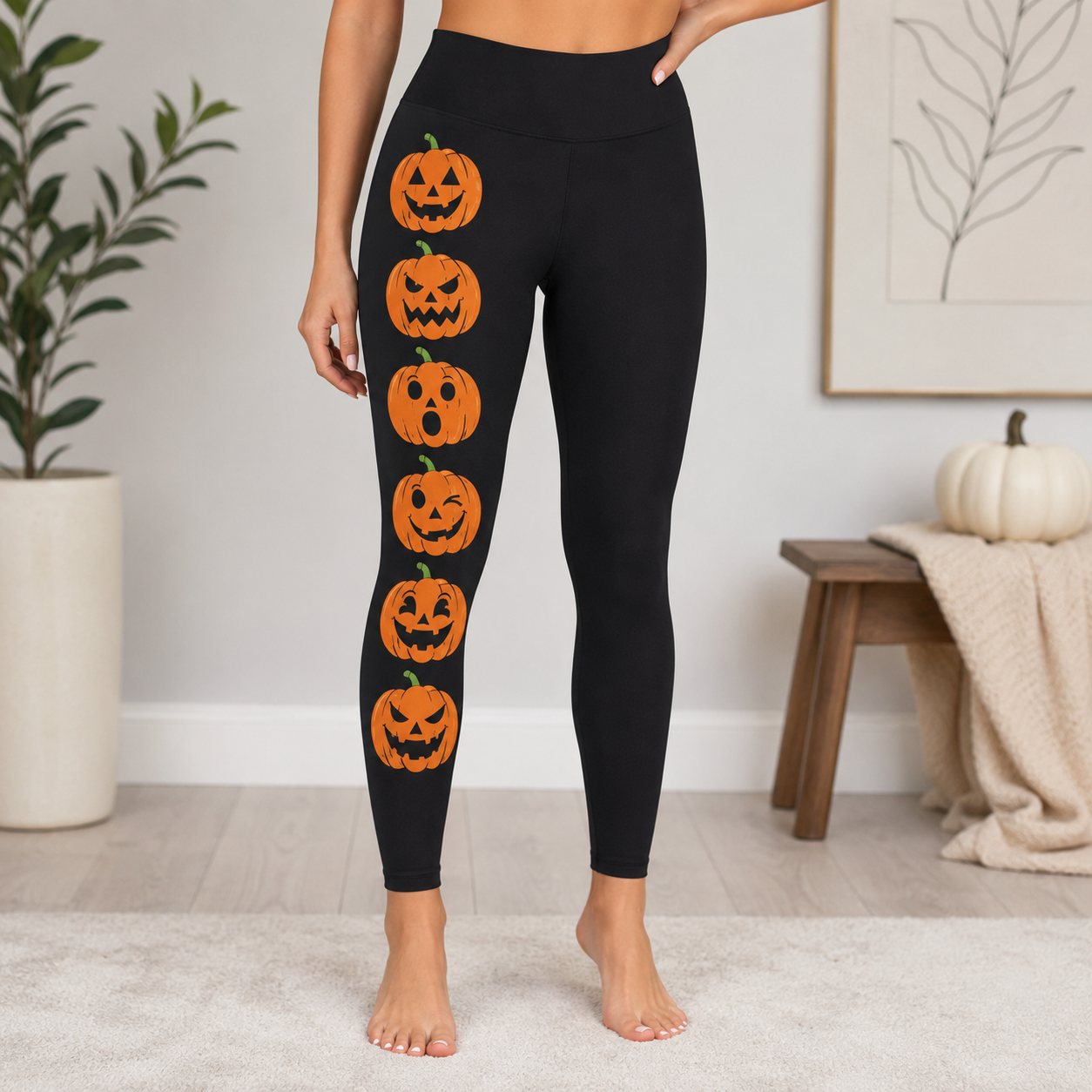 Halloween Pumpkin Face Leggings | Women's Black Jack-O'-Lantern Leggings