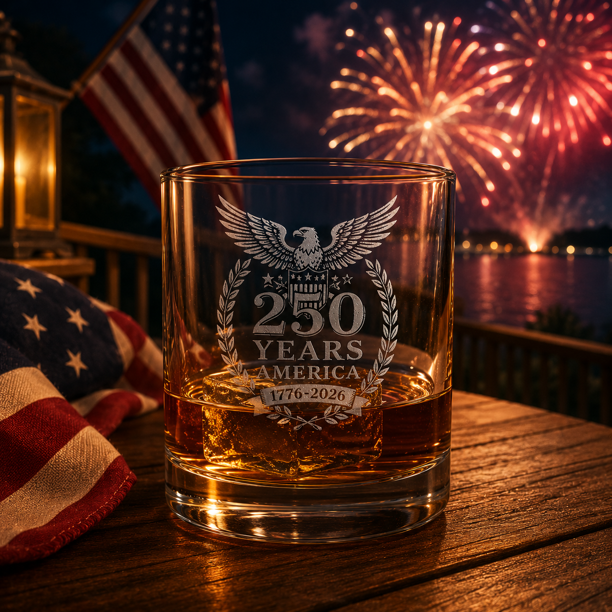 America 250 Years Whiskey Glass | 1776–2026 Patriotic Engraved Rocks Glass