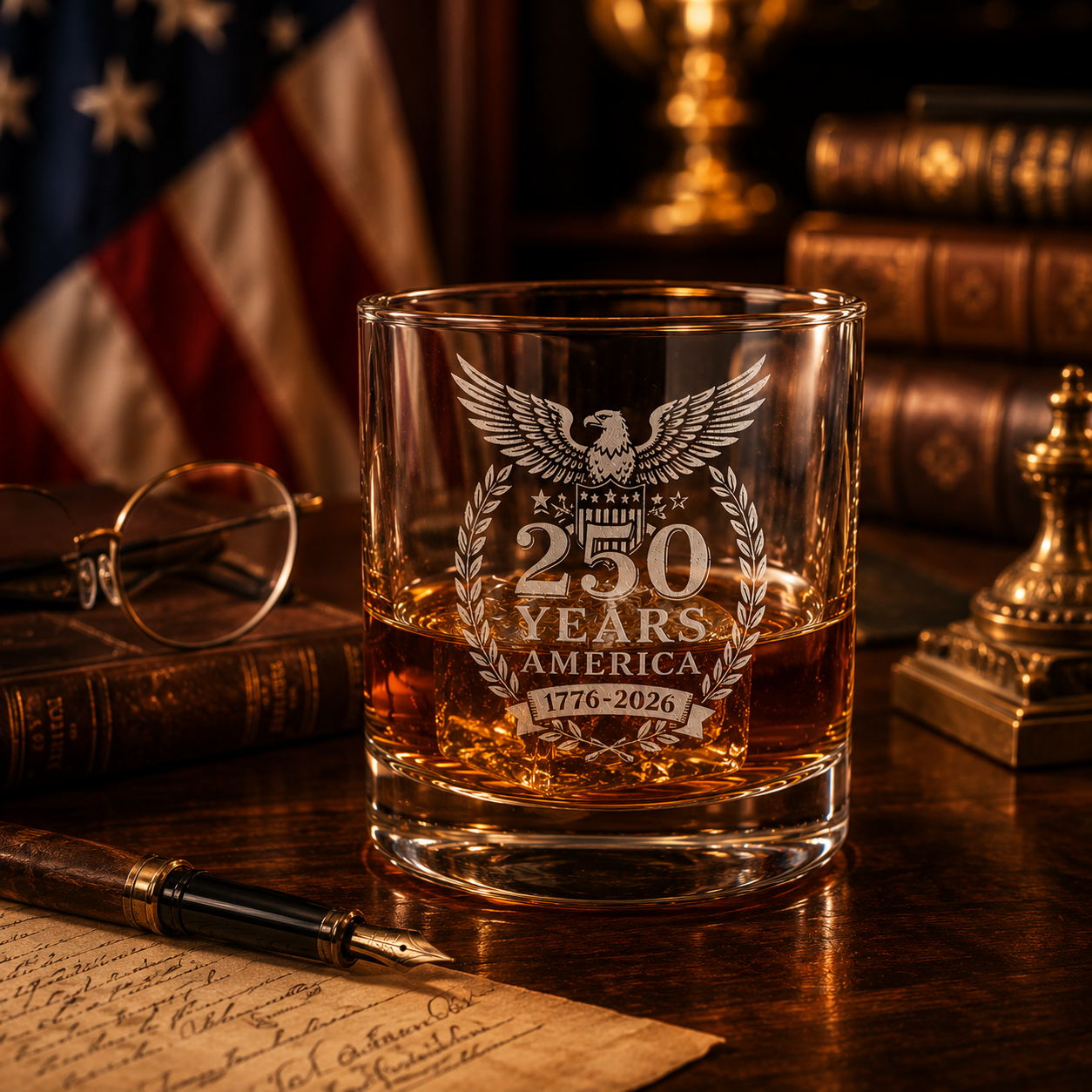 America 250 Years Whiskey Glass | 1776–2026 Patriotic Engraved Rocks Glass