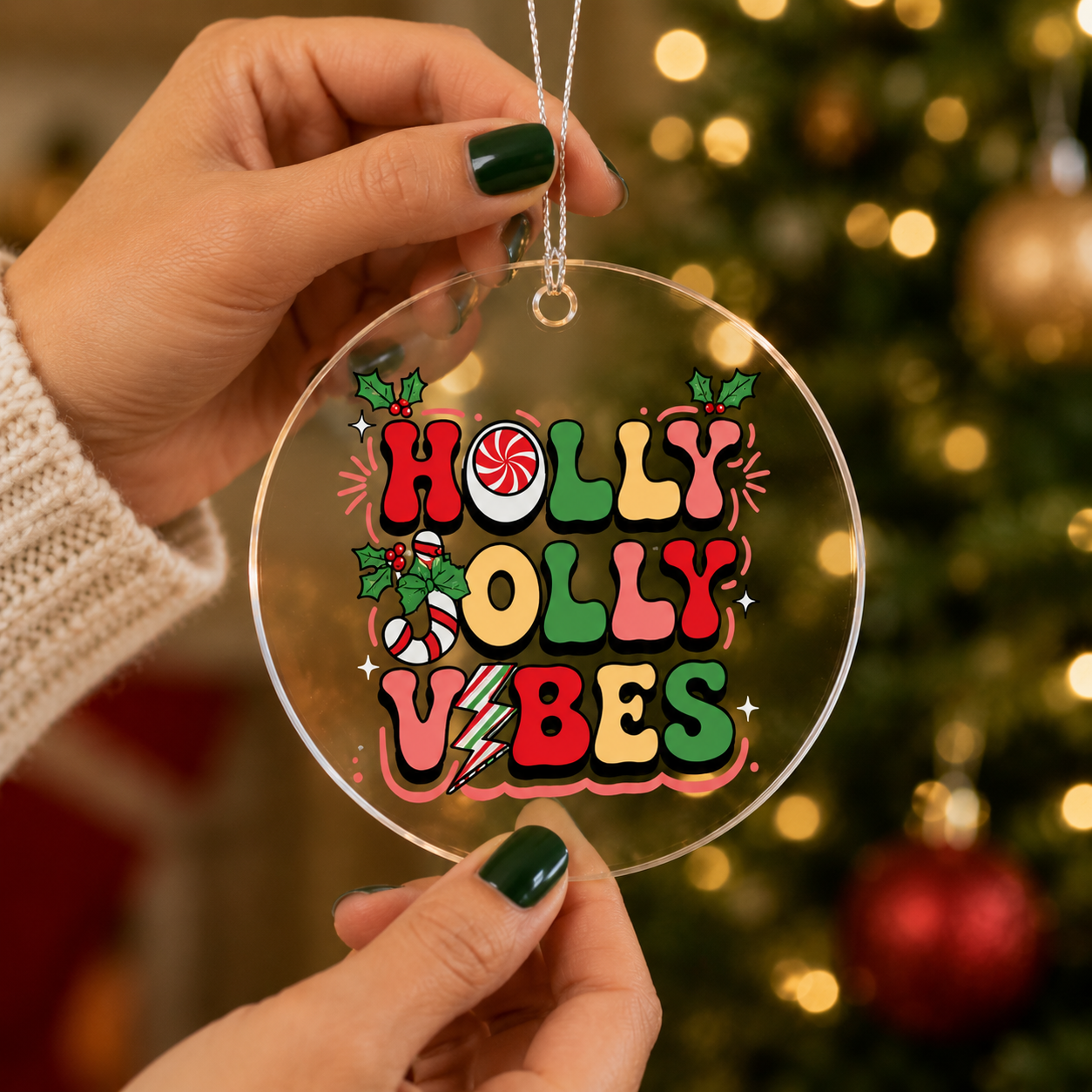 Holly Jolly Retro Vibes Acrylic Christmas Tree Ornament Decoration