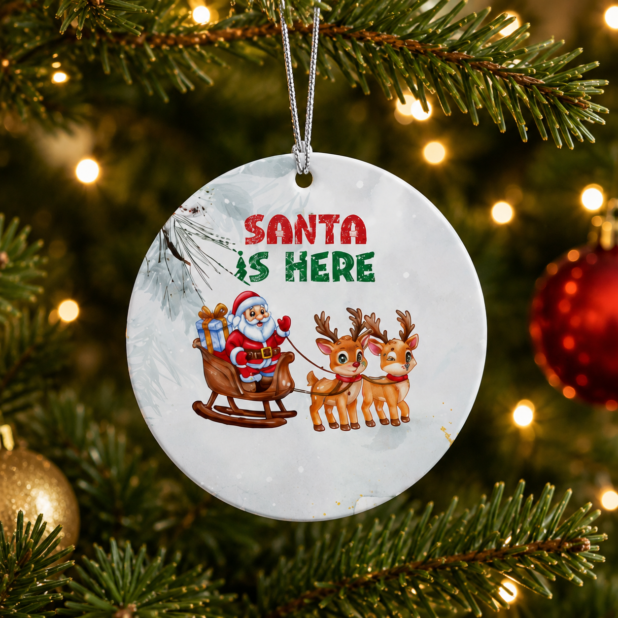 Santa Is Here Christmas Acrylic Circle Ornament