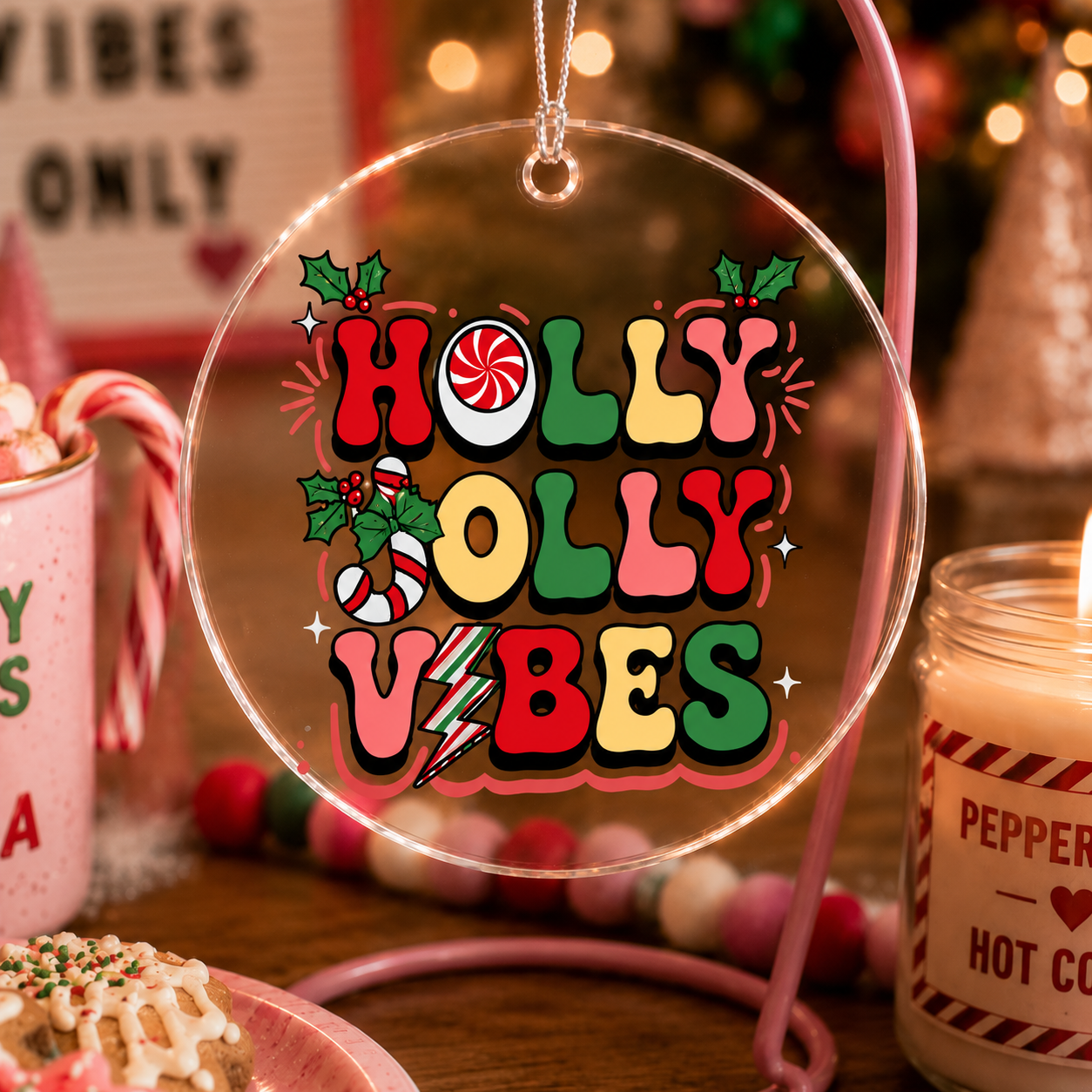 Holly Jolly Retro Vibes Acrylic Christmas Tree Ornament Decoration