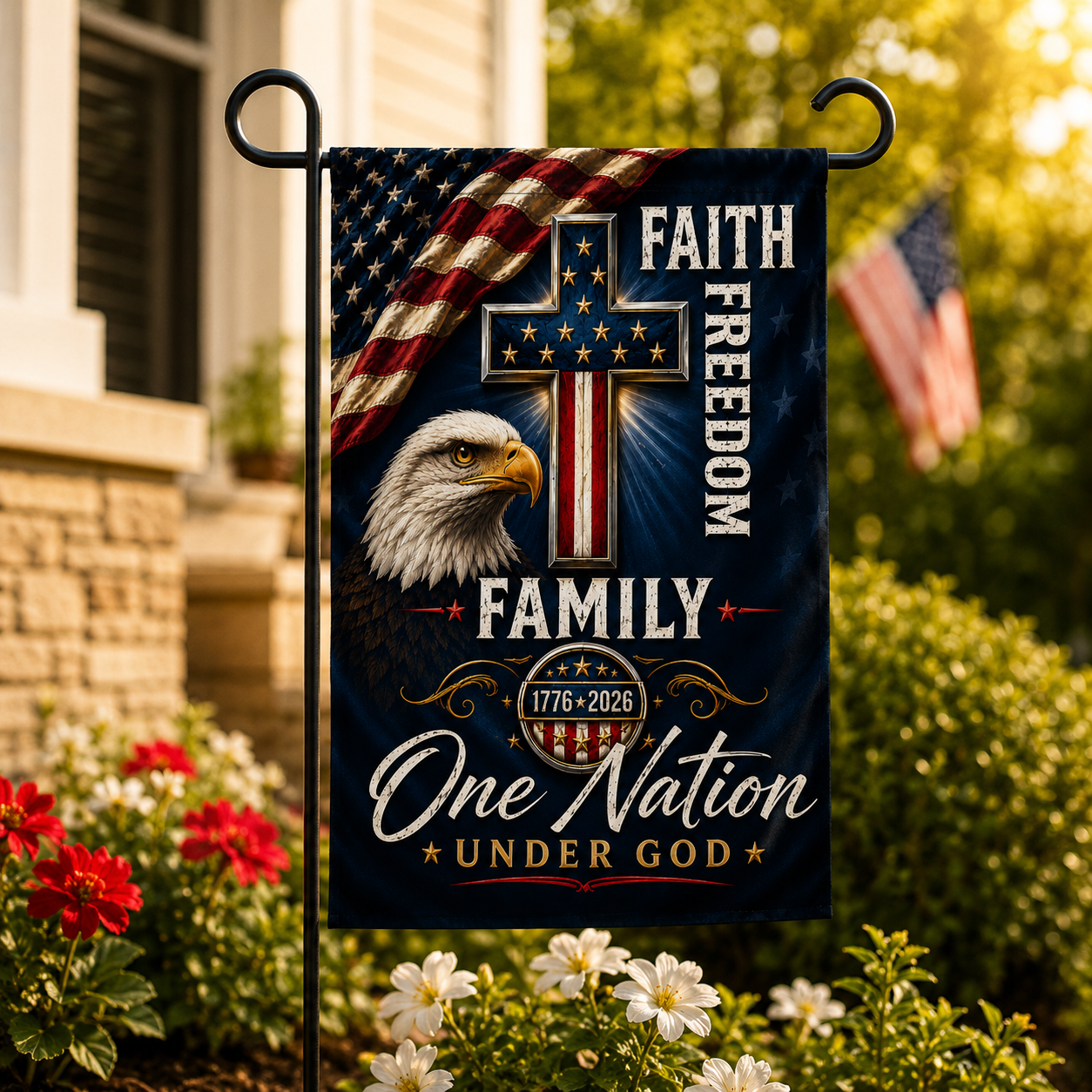 Patriotic Eagle & Cross Double-Sided Flag — "Faith, Freedom, Family, One Nation Under God"