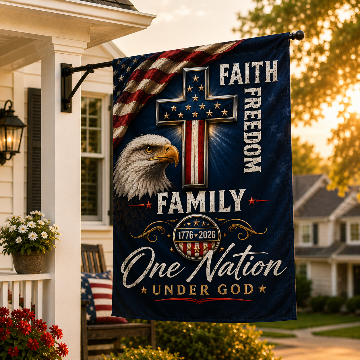 Patriotic Eagle & Cross Double-Sided Flag — "Faith, Freedom, Family, One Nation Under God"