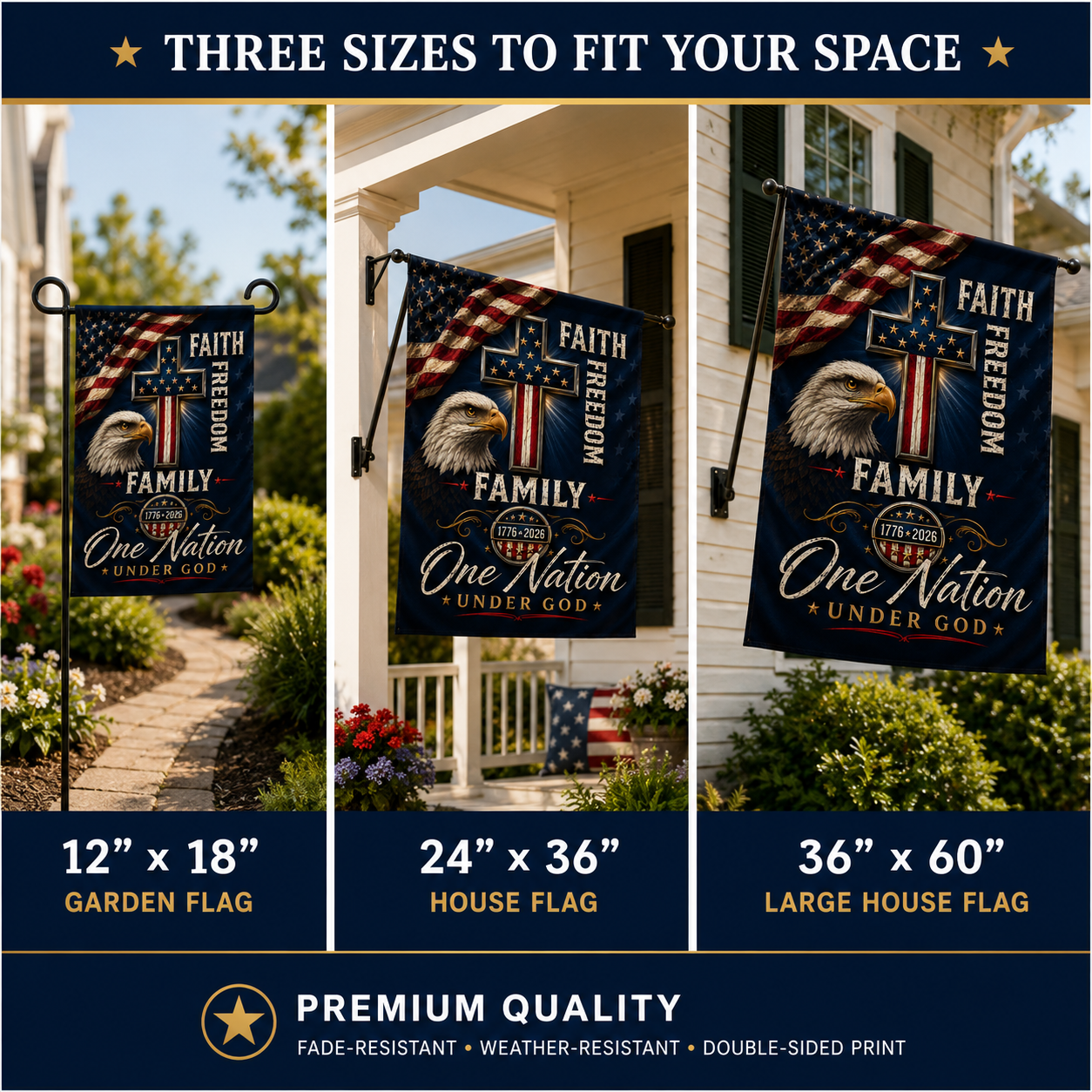 Patriotic Eagle & Cross Double-Sided Flag — "Faith, Freedom, Family, One Nation Under God"