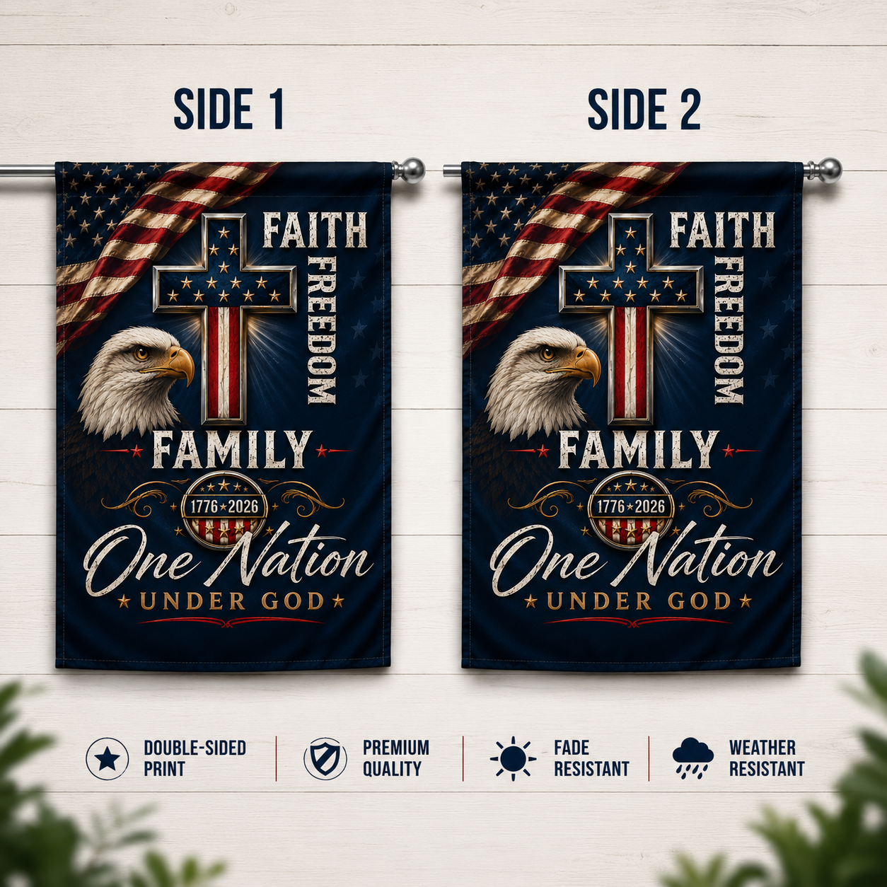 Patriotic Eagle & Cross Double-Sided Flag — "Faith, Freedom, Family, One Nation Under God"