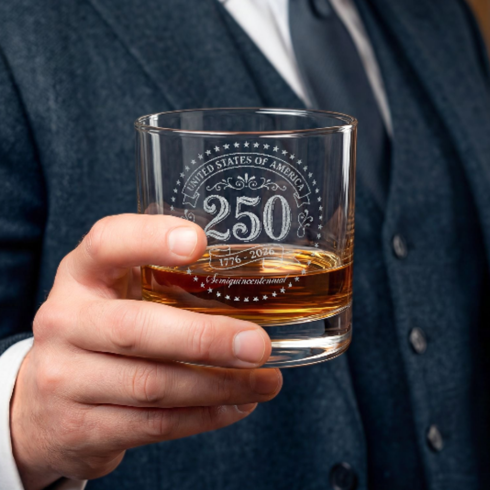 America 250 Engraved Whiskey Glass | 1776–2026 Commemorative Rocks Glass