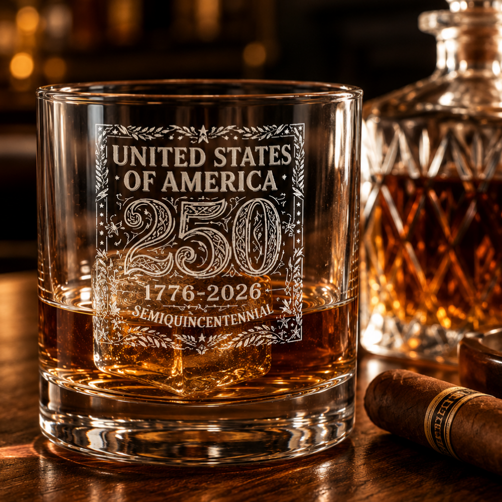 America 250 Whiskey Glass | 1776–2026 Engraved Commemorative Rocks Glass