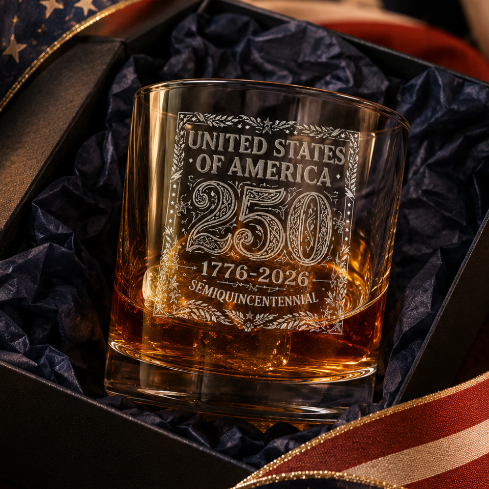 America 250 Whiskey Glass | 1776–2026 Engraved Commemorative Rocks Glass