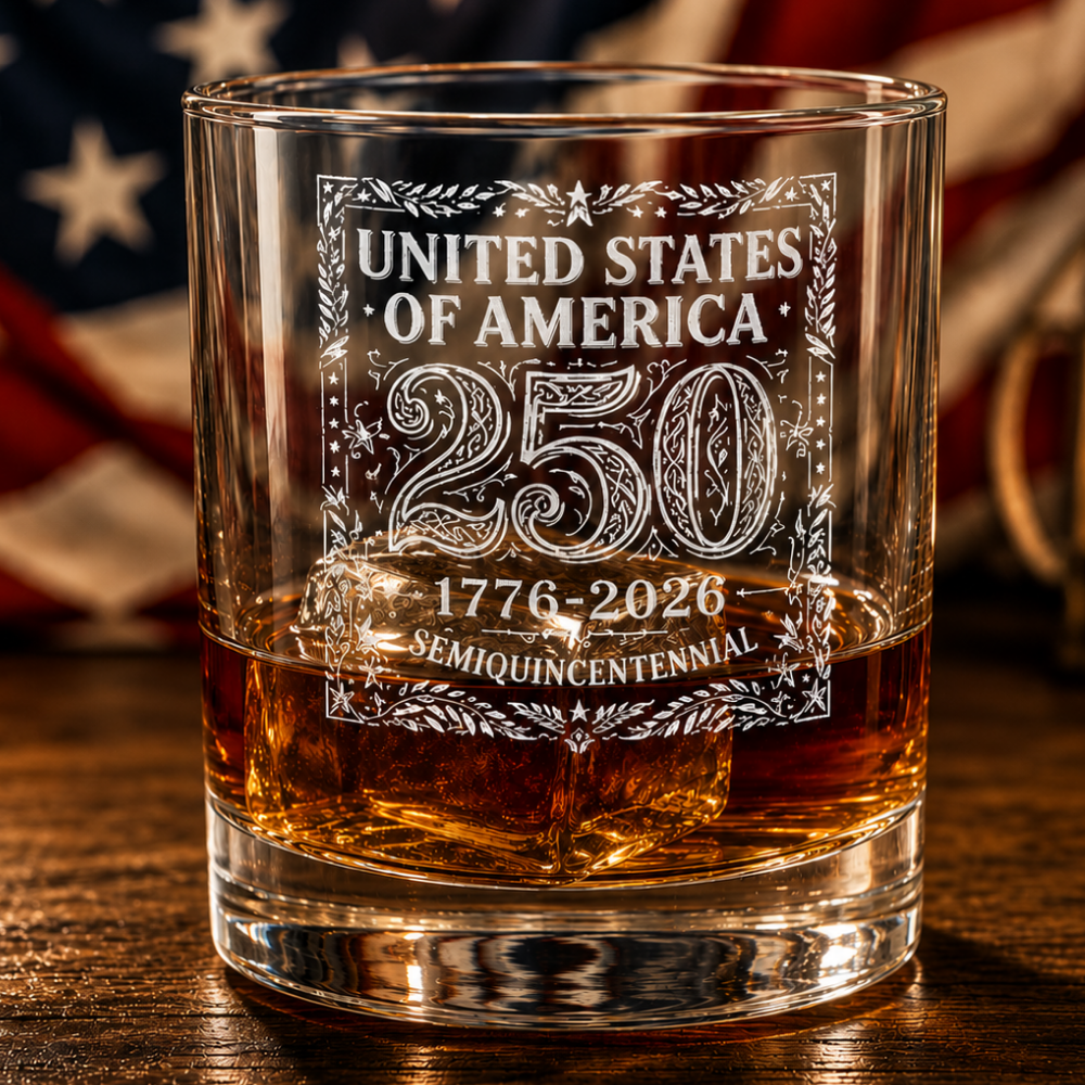 America 250 Whiskey Glass | 1776–2026 Engraved Commemorative Rocks Glass