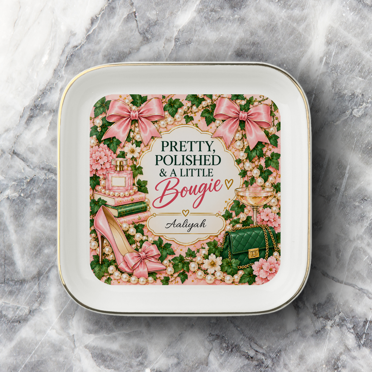 Personalized Jewelry Dish, Pretty Polished & Bougie Gift for Her, Custom Name Trinket Tray, Pink Green Jewelry Holder