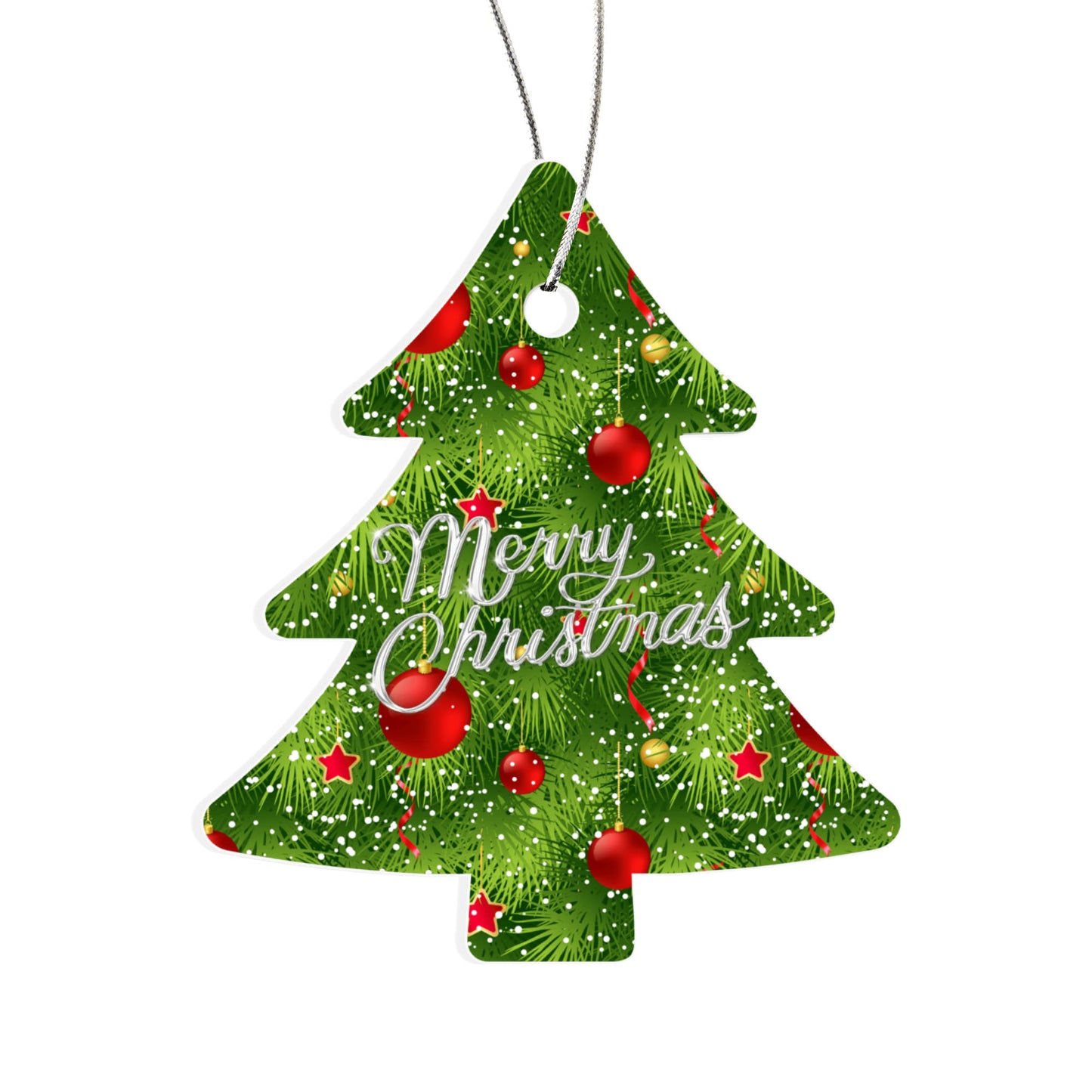 Merry Christmas Evergreen Tree Ornament With Red Baubles