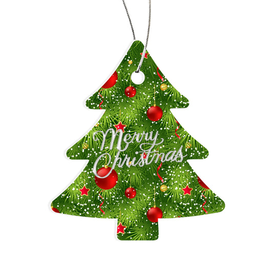 Merry Christmas Evergreen Tree Ornament With Red Baubles