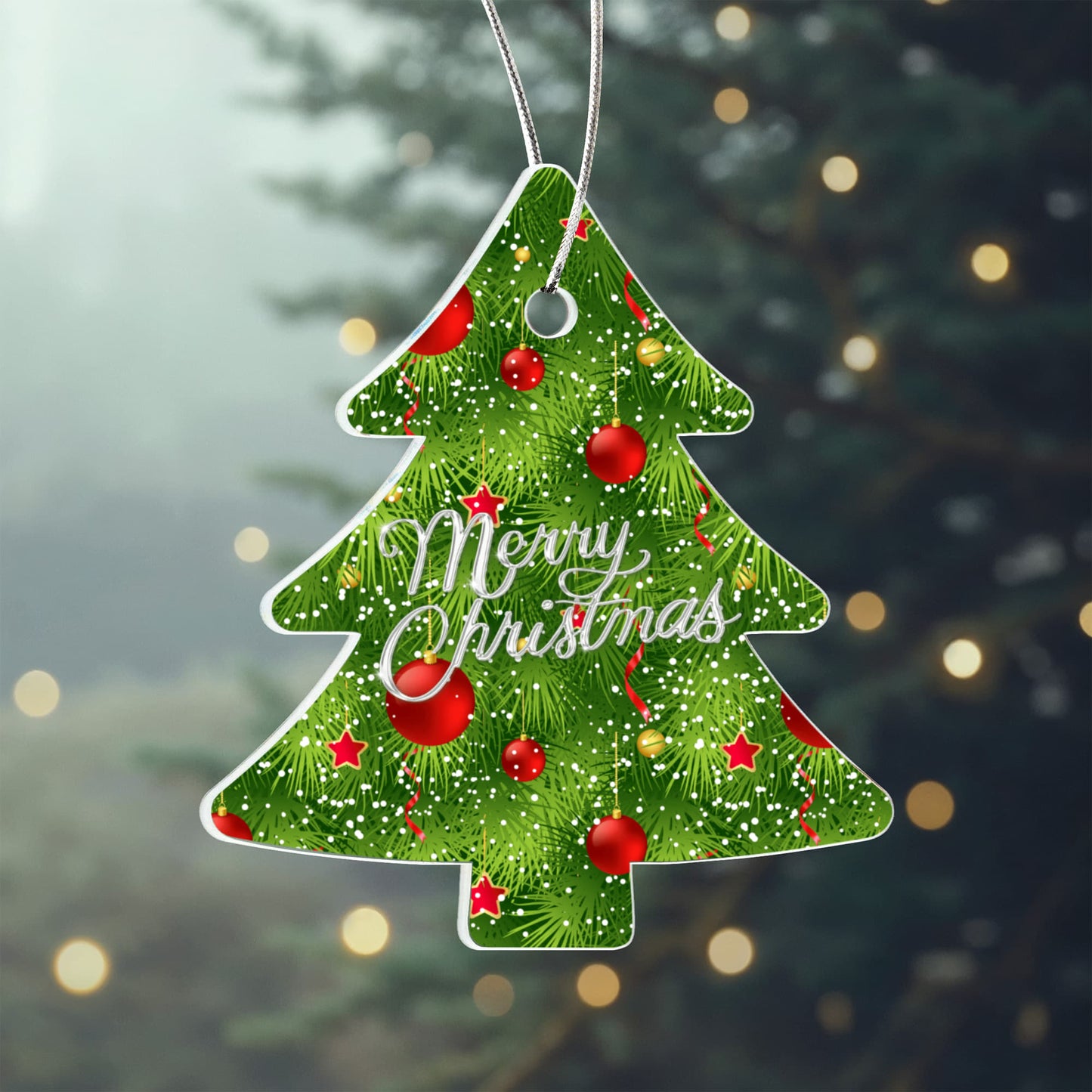 Merry Christmas Evergreen Tree Ornament With Red Baubles