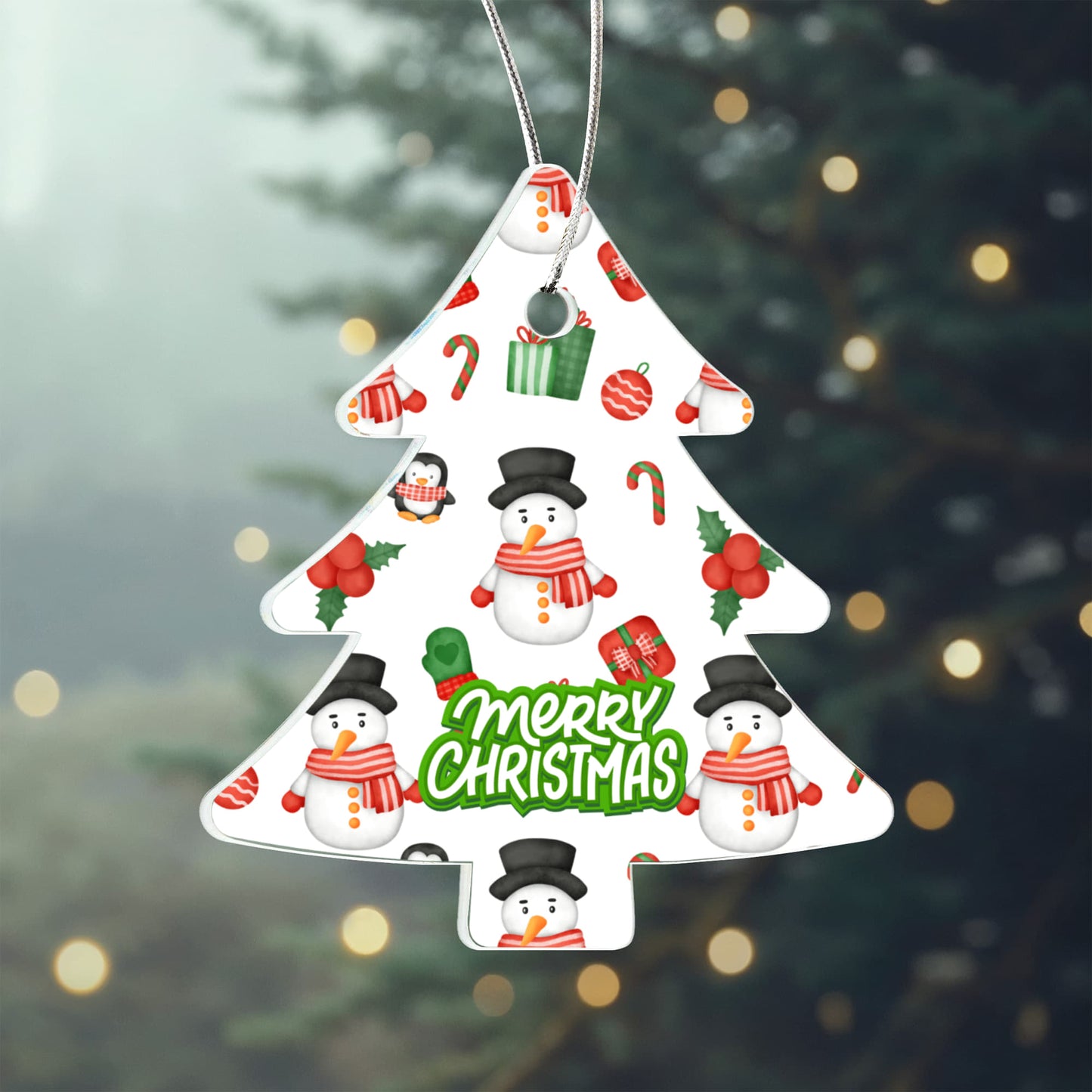 Christmas Tree Ornament Featuring Snowmen Candy Canes And Holly
