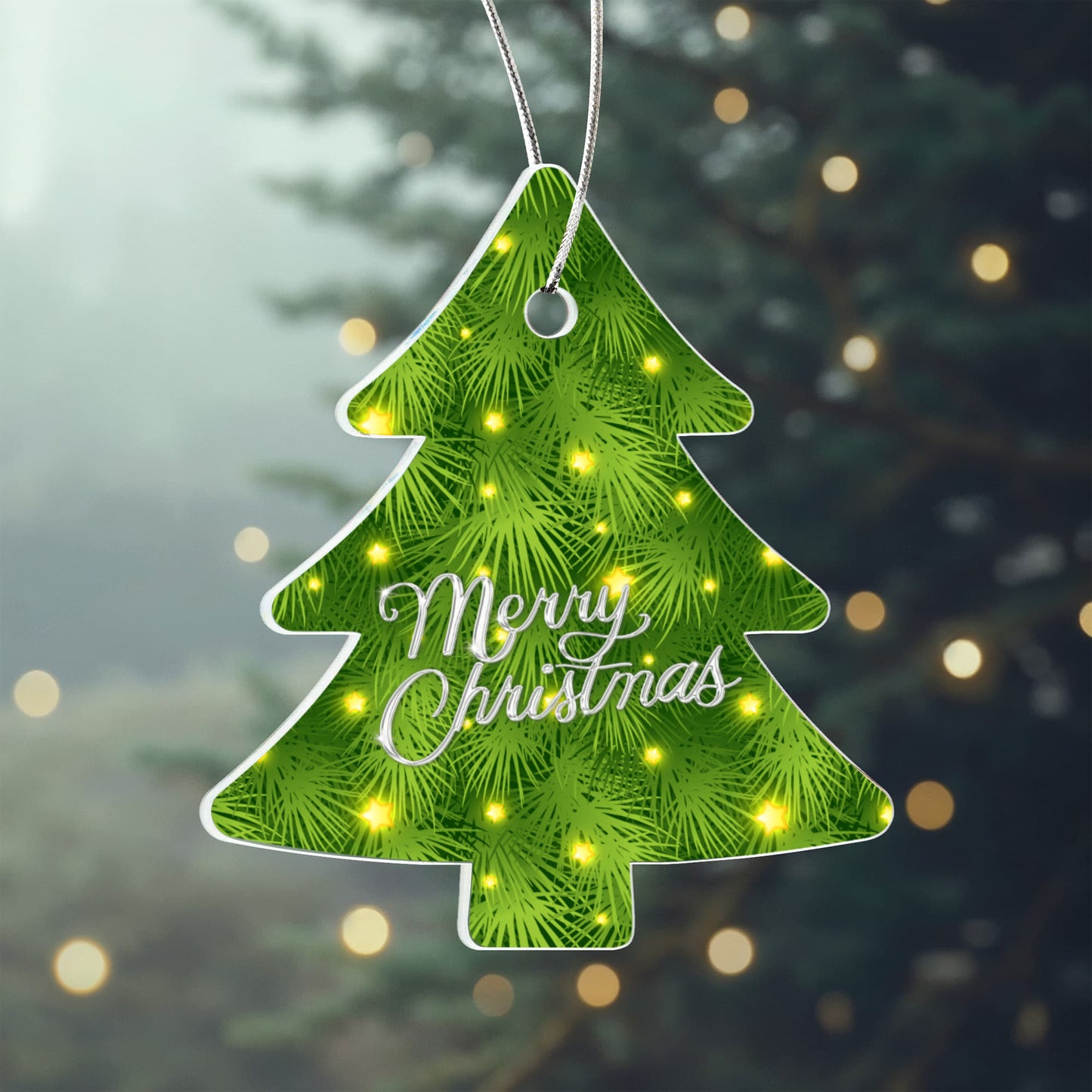 Merry Christmas Pine Tree Ornament With Twinkling Lights
