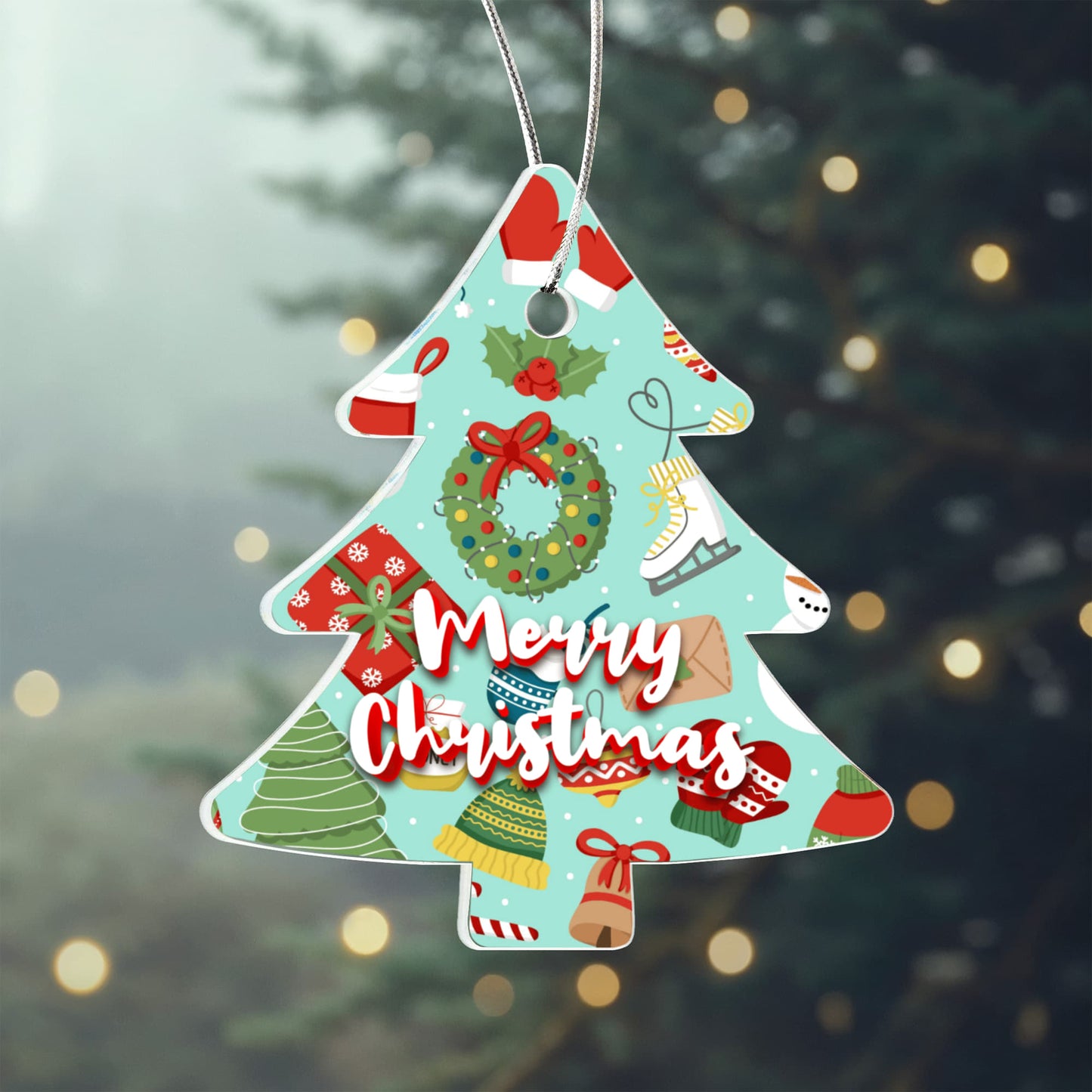 Merry Christmas Ornament Featuring Wreaths Gifts And Skates