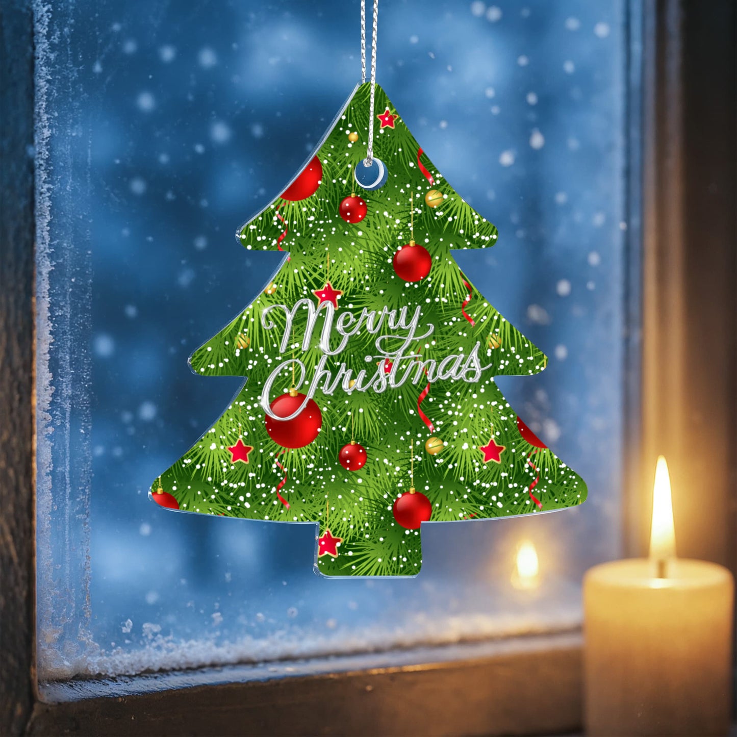 Merry Christmas Evergreen Tree Ornament With Red Baubles