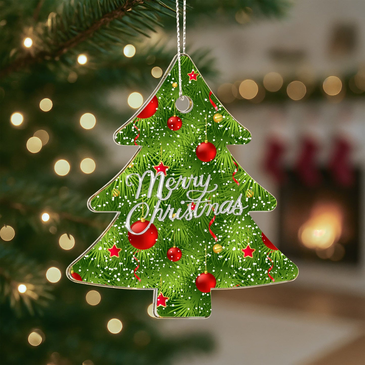 Merry Christmas Evergreen Tree Ornament With Red Baubles