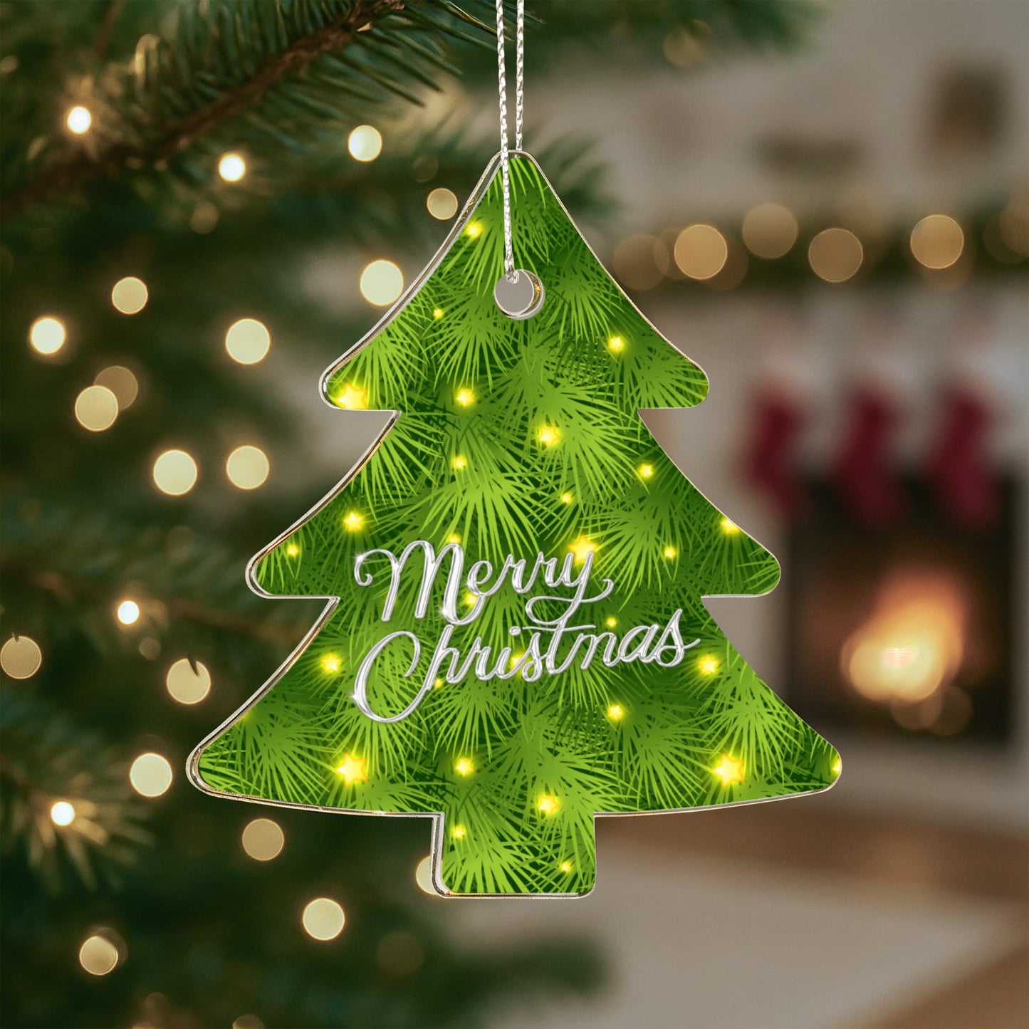 Merry Christmas Pine Tree Ornament With Twinkling Lights
