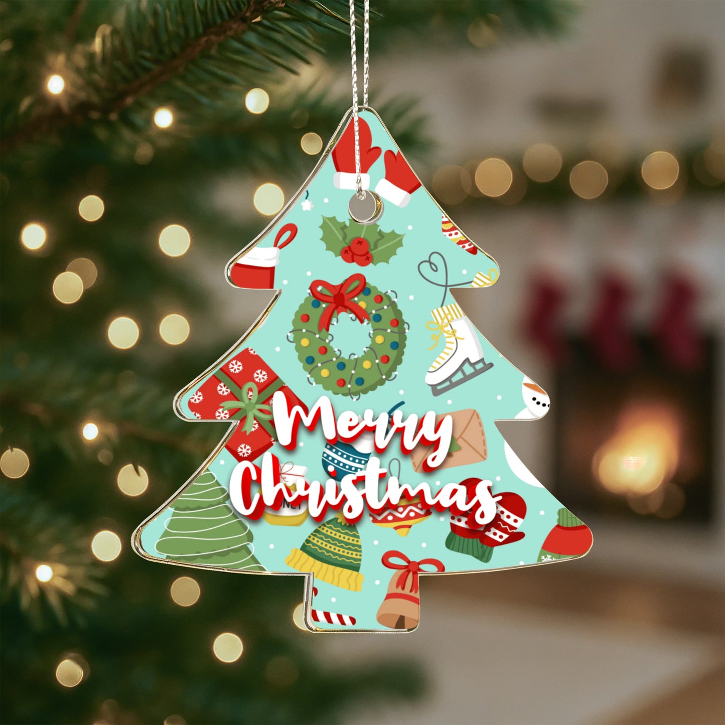 Merry Christmas Ornament Featuring Wreaths Gifts And Skates