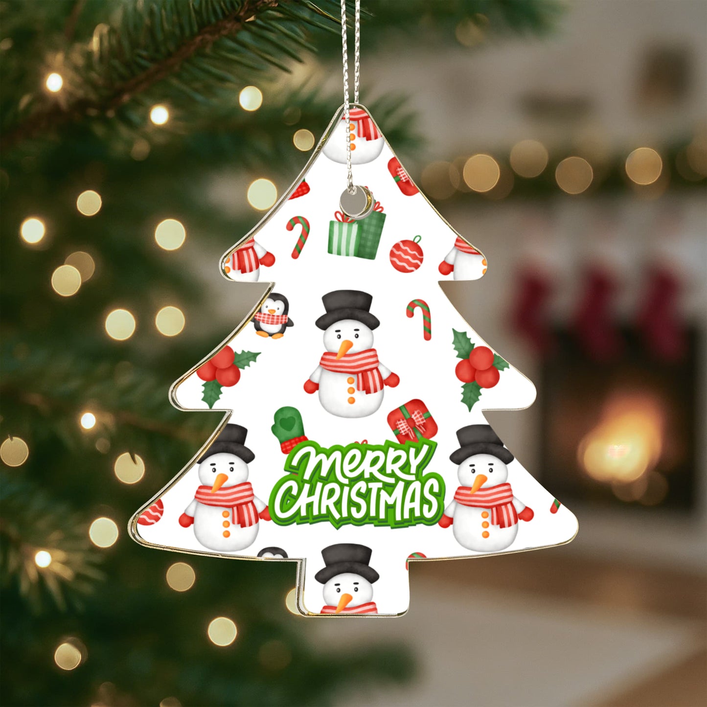 Christmas Tree Ornament Featuring Snowmen Candy Canes And Holly