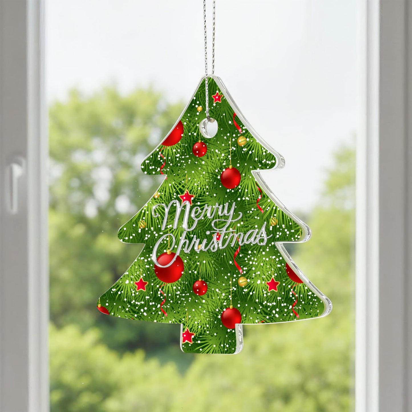 Merry Christmas Evergreen Tree Ornament With Red Baubles