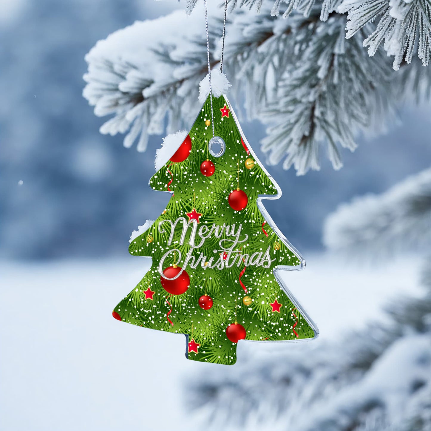 Merry Christmas Evergreen Tree Ornament With Red Baubles
