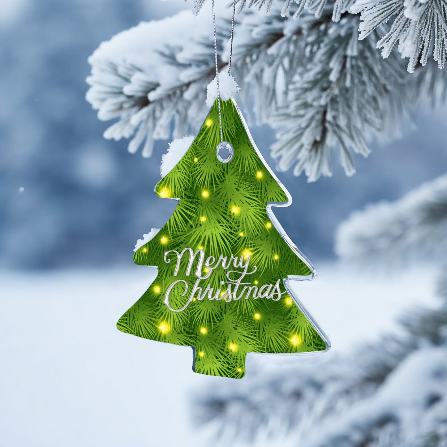 Merry Christmas Pine Tree Ornament With Twinkling Lights