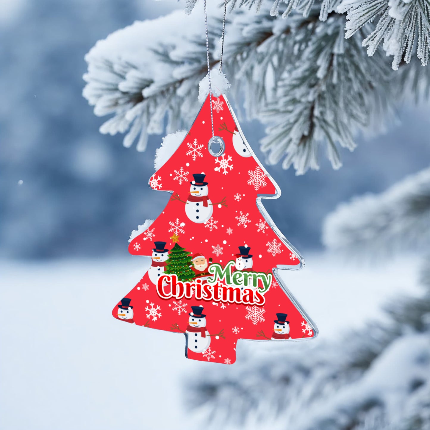 Merry Christmas Ornament Featuring Snowmen And Snowflakes