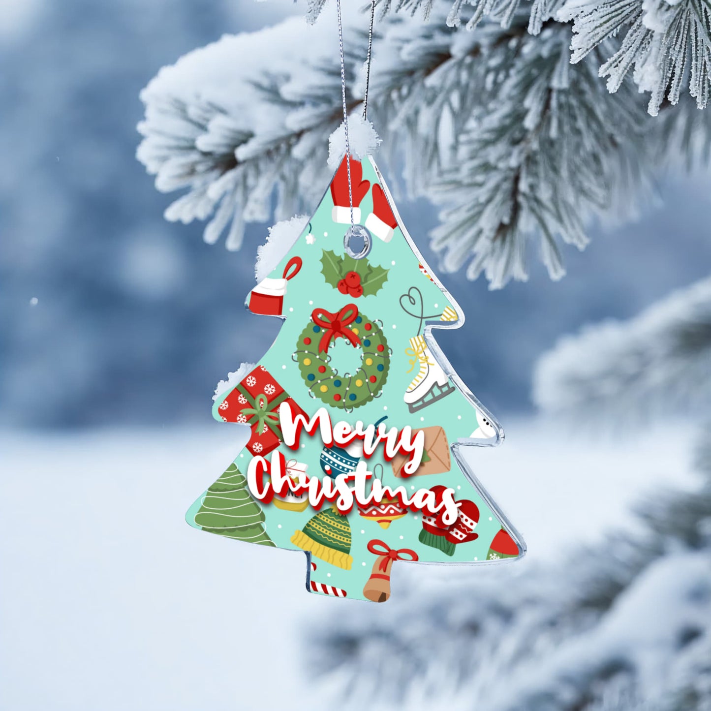 Merry Christmas Ornament Featuring Wreaths Gifts And Skates