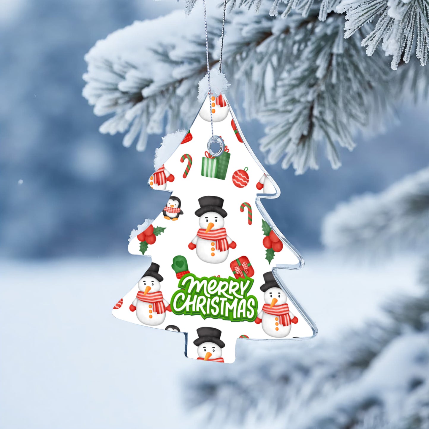 Christmas Tree Ornament Featuring Snowmen Candy Canes And Holly
