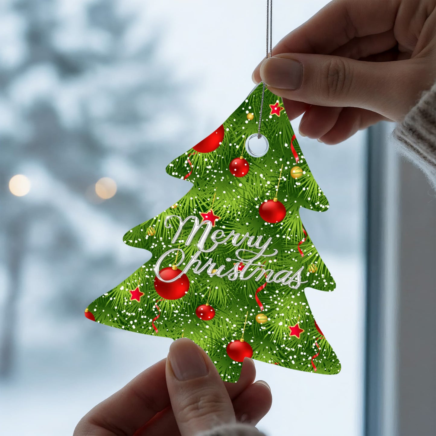 Merry Christmas Evergreen Tree Ornament With Red Baubles