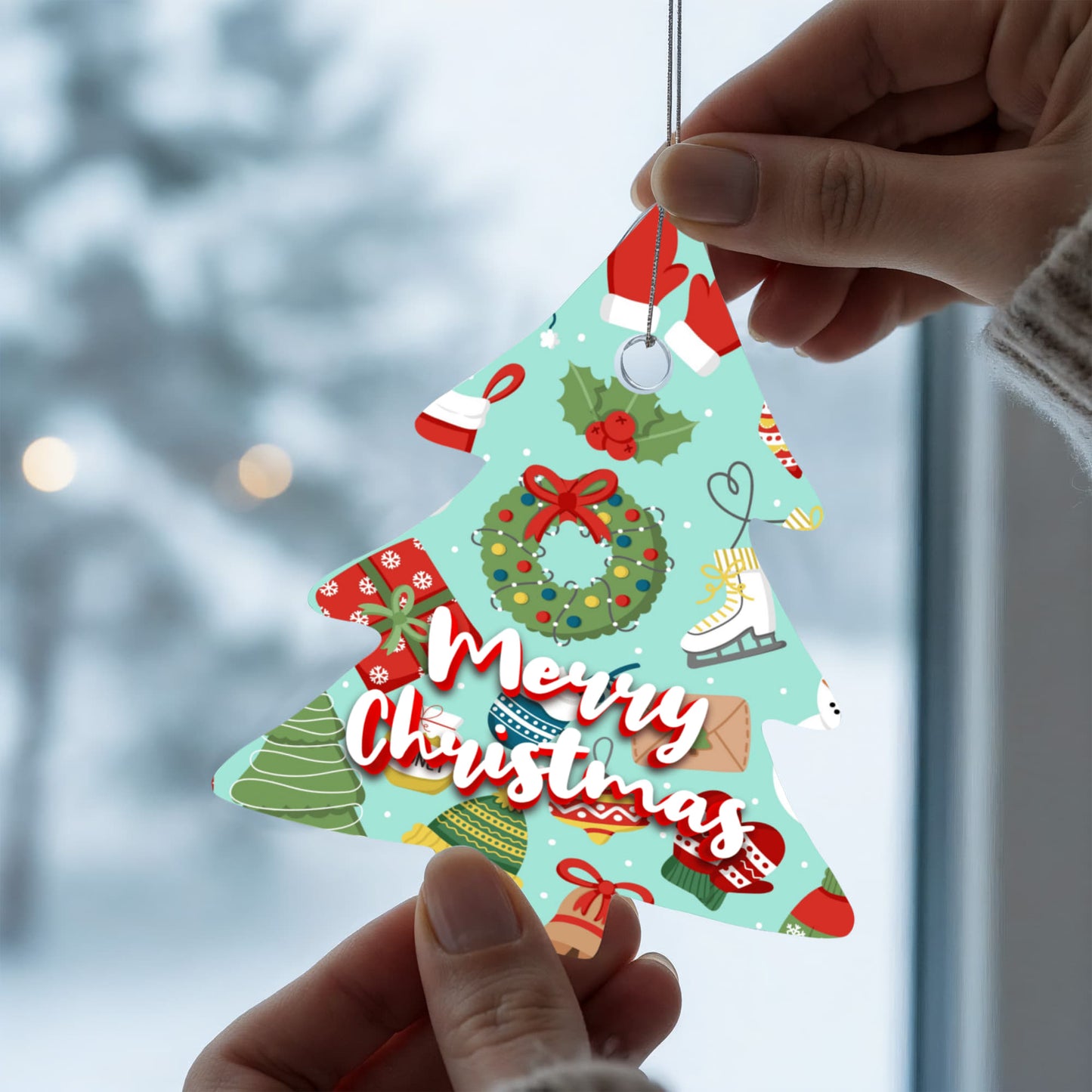 Merry Christmas Ornament Featuring Wreaths Gifts And Skates