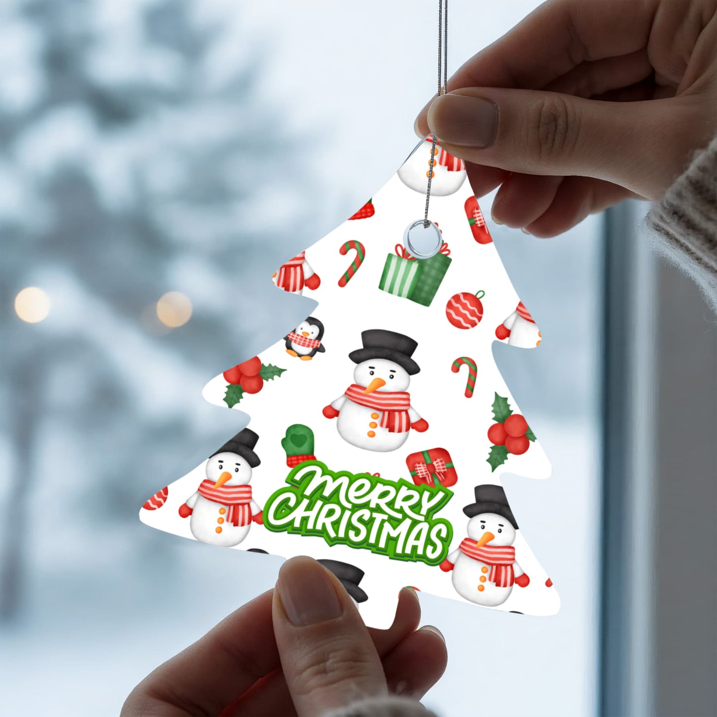 Christmas Tree Ornament Featuring Snowmen Candy Canes And Holly