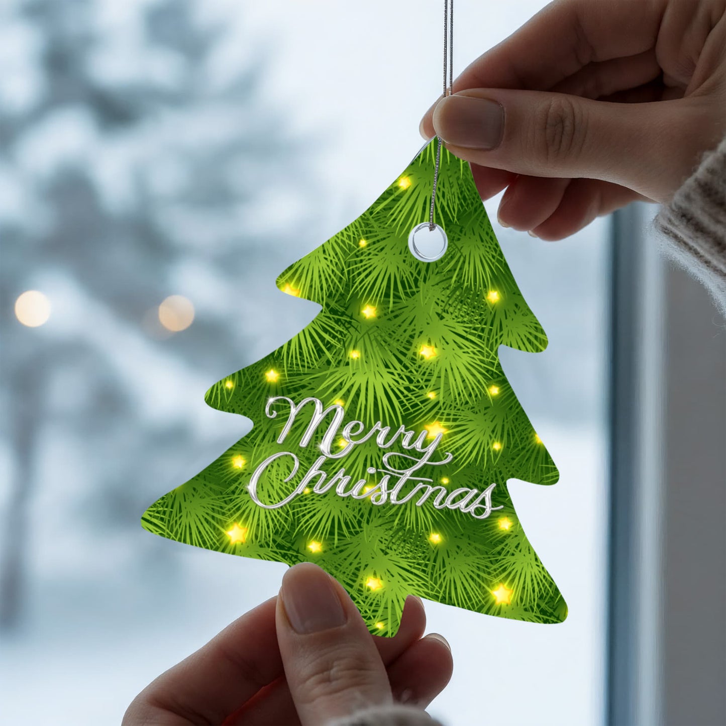Merry Christmas Pine Tree Ornament With Twinkling Lights